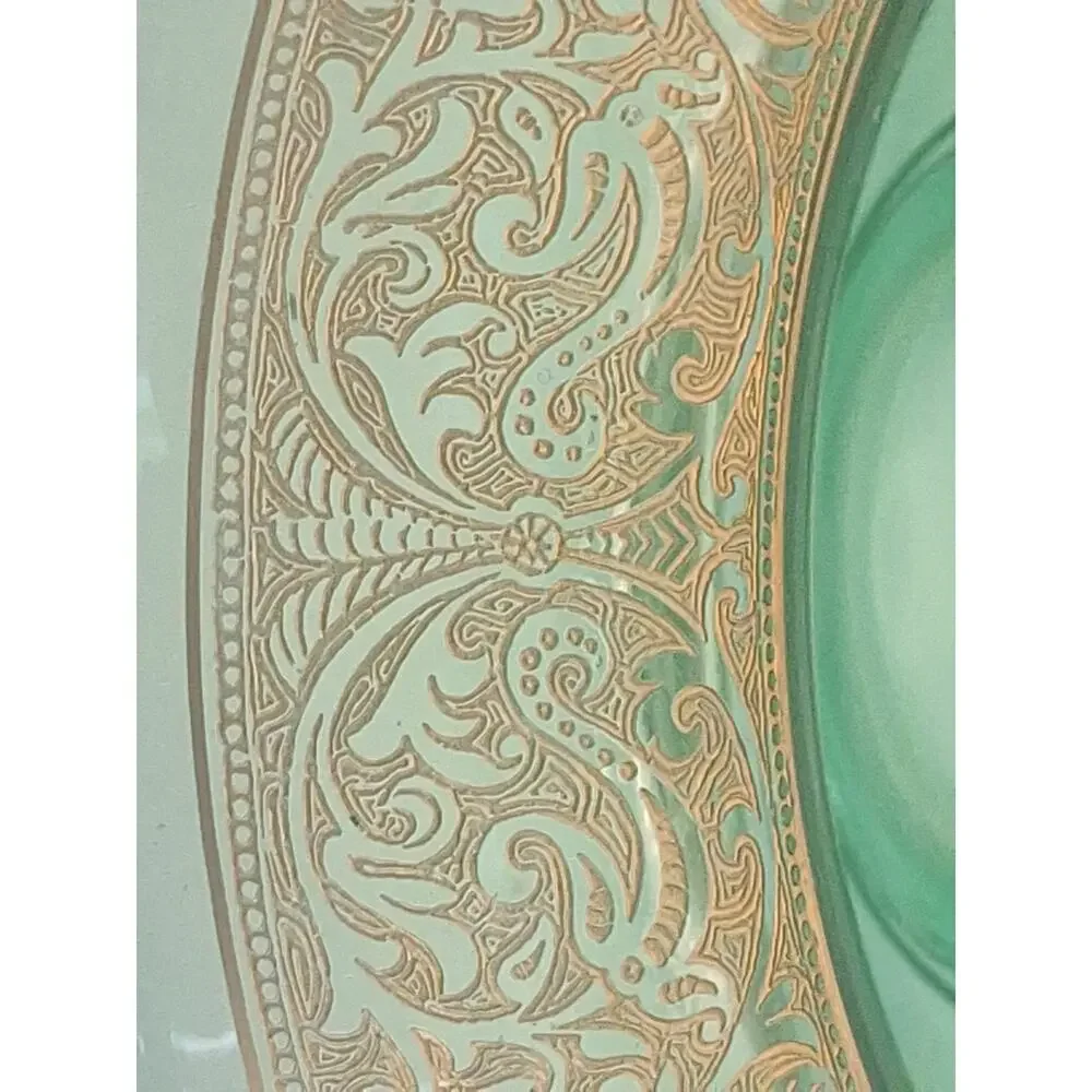 Lancaster Deco Brocade Green Uranium Glass Console Bowl 11” 1930s Gold Etching